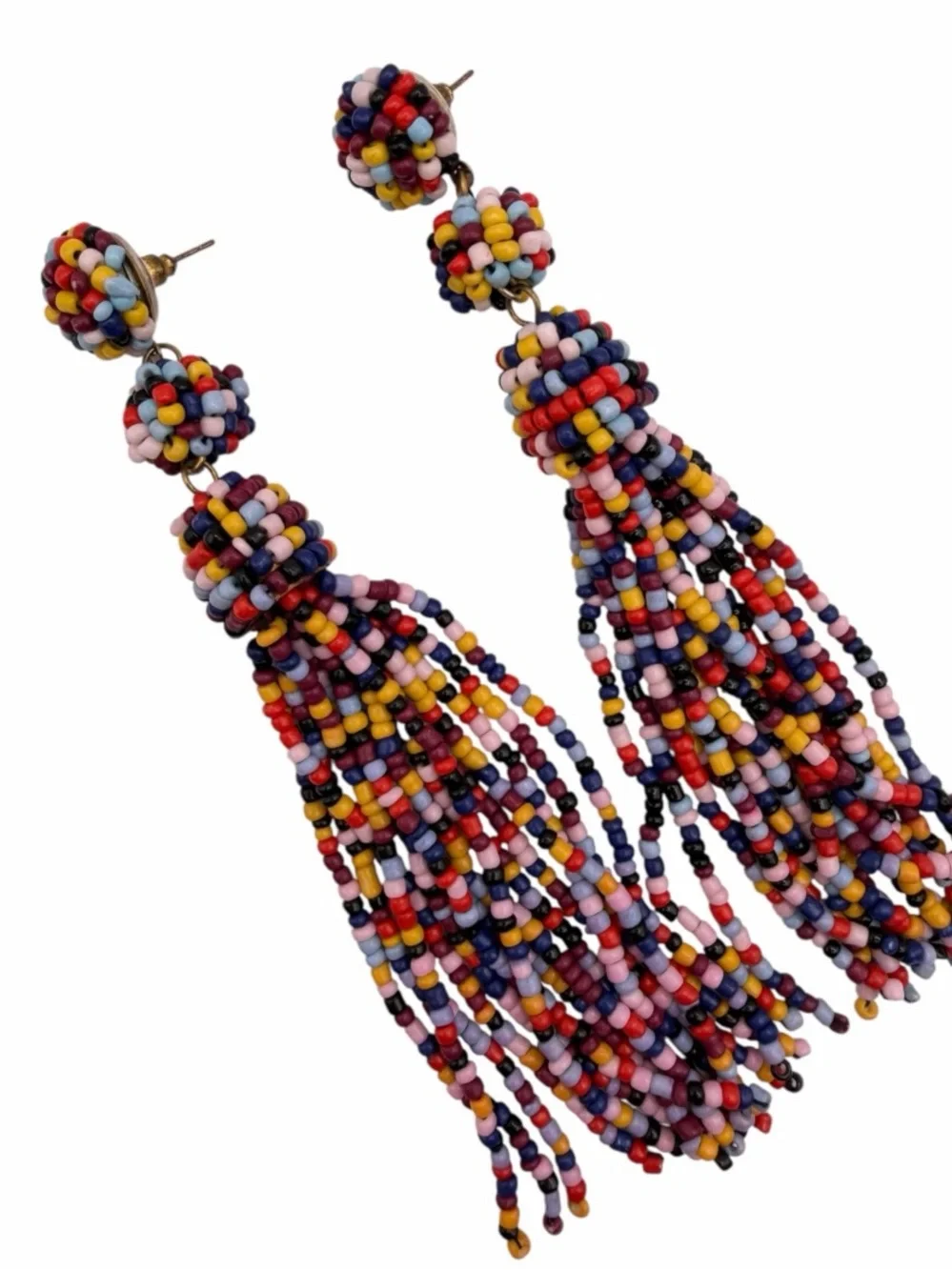 Vintage Multicolor Seed Bead Tassel Earrings Long Statement Boho NOS Unworn
